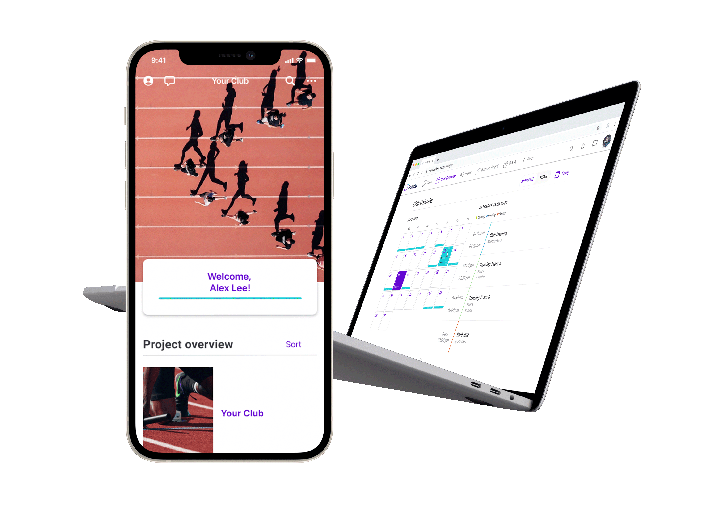 Project overview and calendar view of a club app