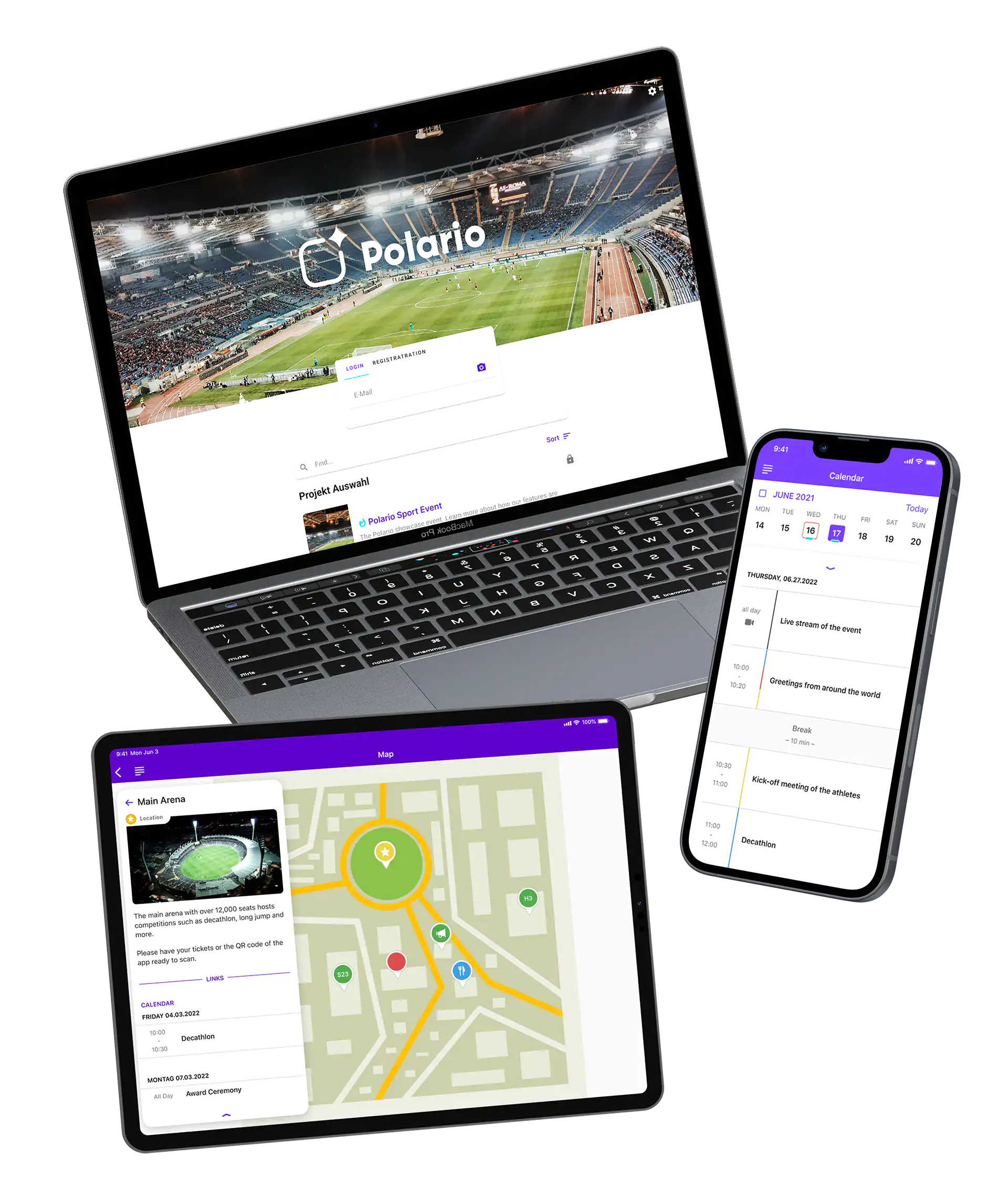 mockup - login + agenda + map - sports app