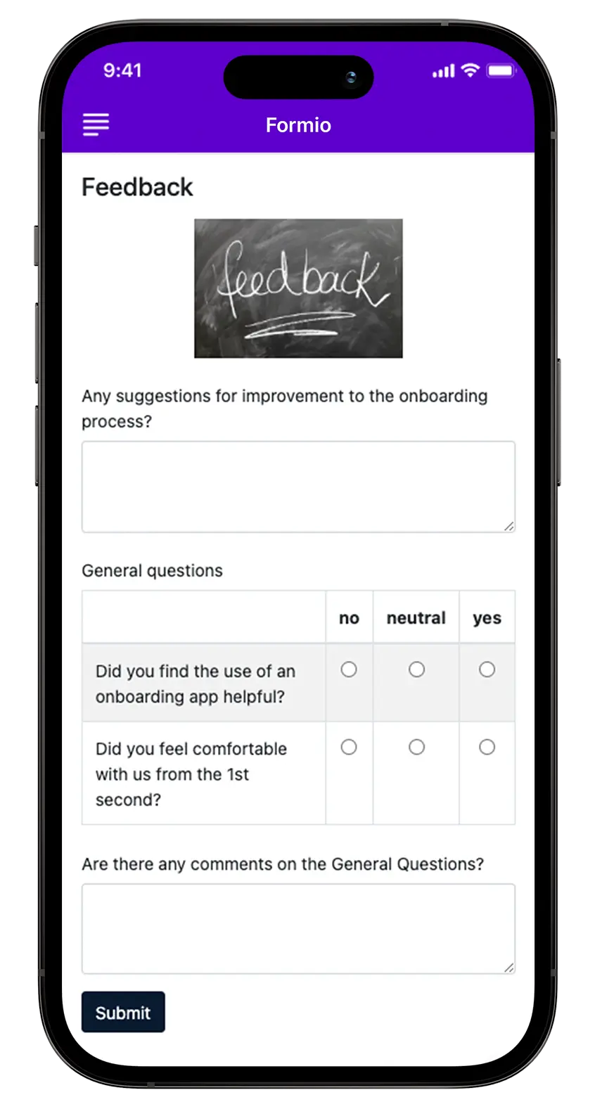 Example of a feedback form in the onboarding app