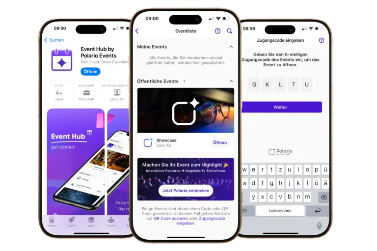 Polario Hub App Store, Eventliste und Eingabe Event Code