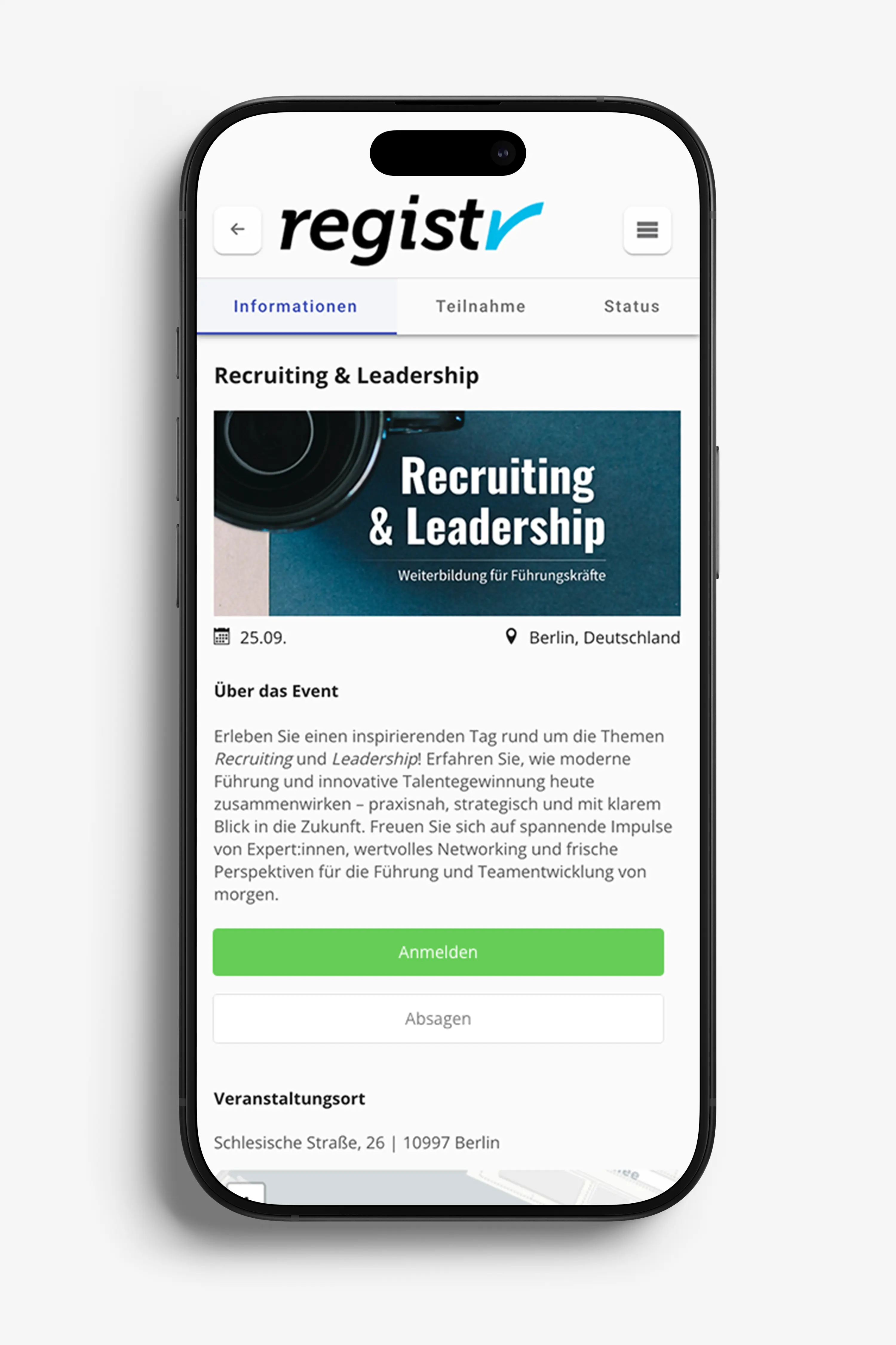 eventinformationen bei der digitalen registrierung zu einem event
