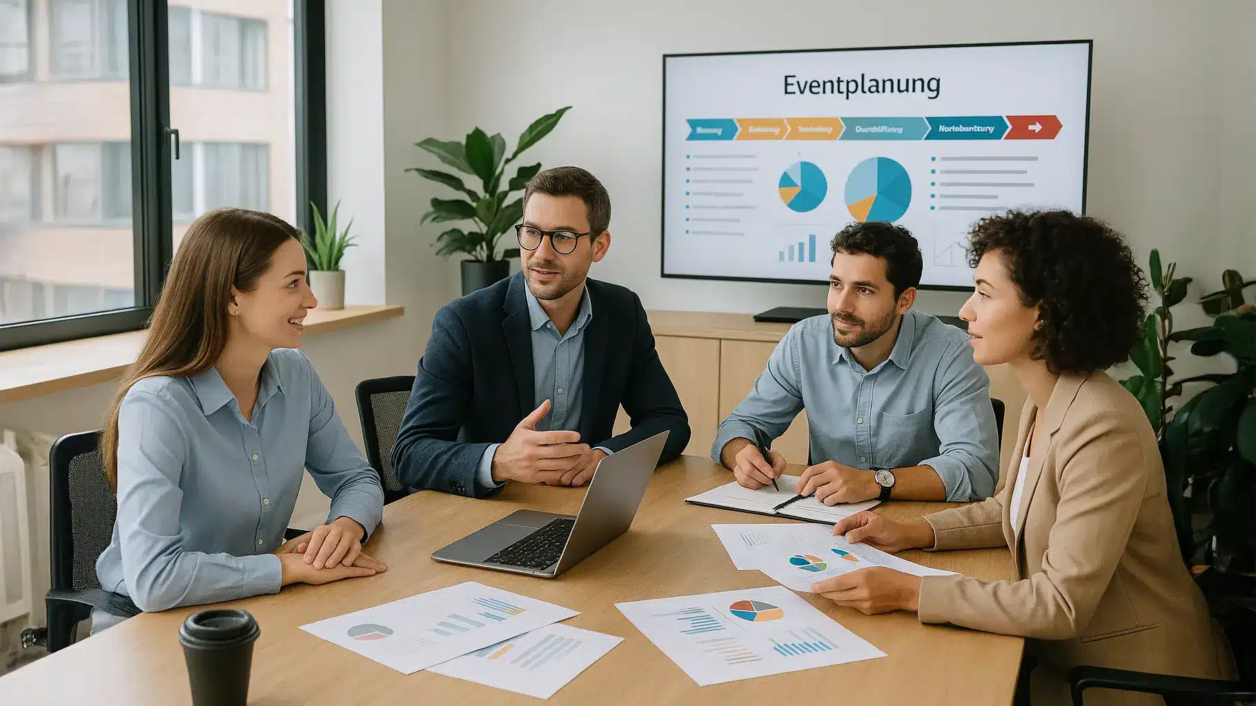 menschen sitzen am tisch und betreiben eine eventplanung mit laptop, analysen, diagrammen