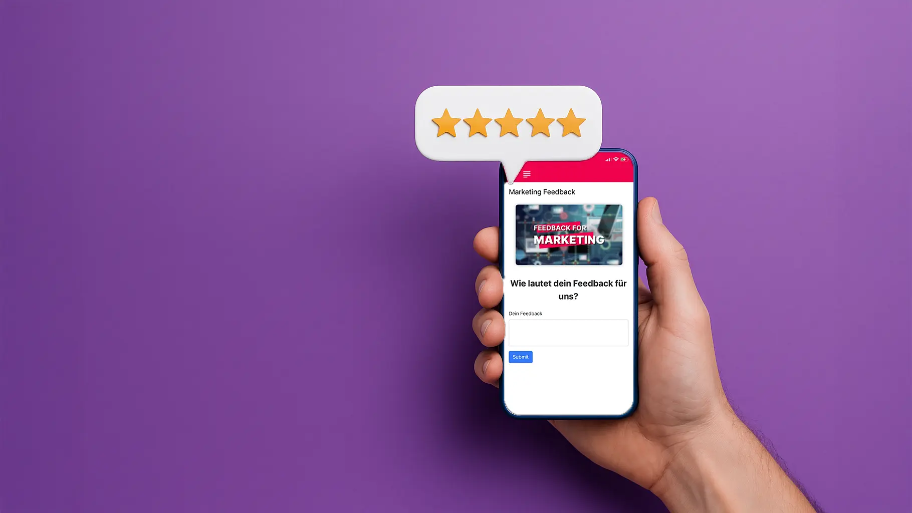 eine hand hält ein smartphone, worüber eine sprechblase mit 5 sternen zu sehen sind. es impliziert, dass ein feedback abgegeben werden soll