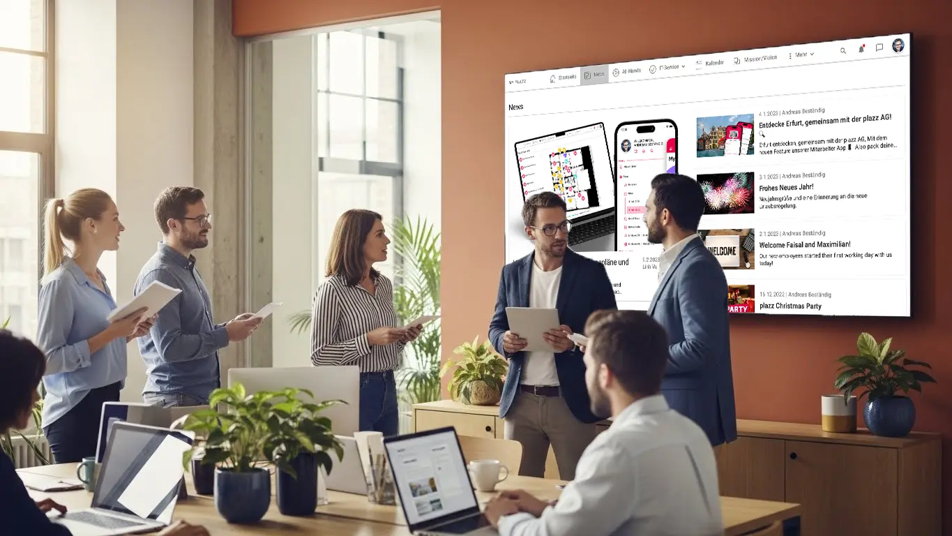 A modern office bathed in natural light, several employees looking at a large digital display on the wall that serves as a digital notice board. The display shows clearly structured content such as news tiles, appointments, notes and short comments. The scene appears lively and authentic, with people concentrating and interacting with each other. The environment is friendly and technically modern, with plants and warm colours creating a positive working atmosphere. Realistic representation, high level of detail, professional corporate environment.