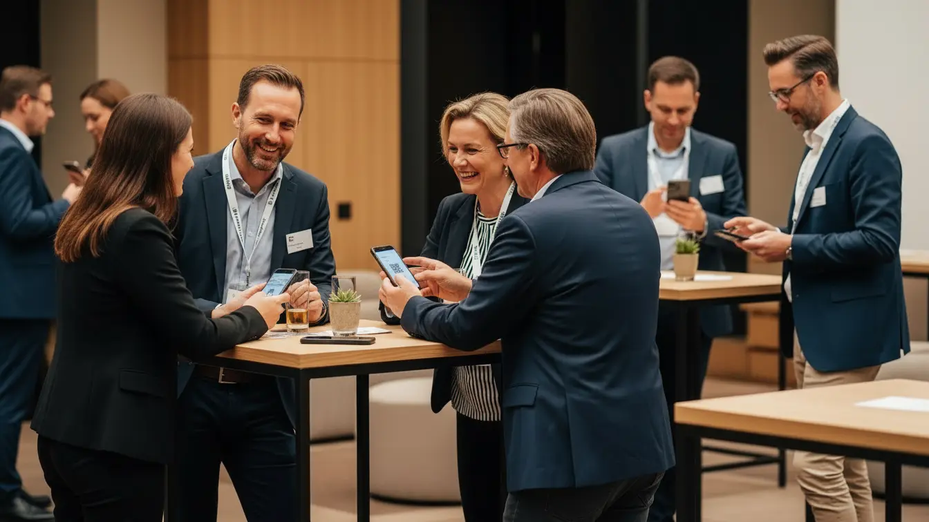 Partner community in an analogue space, exclusive business networking event in a high-quality lounge or modern conference area, people from different companies stand together in small groups, engage in intense conversations, exchange business cards, laugh and discuss, elegant bar tables, subtle lighting, warm colours, natural materials, personal, trusting and professional atmosphere, visible proximity and genuine interaction, focus on shared experiences, business casual attire.