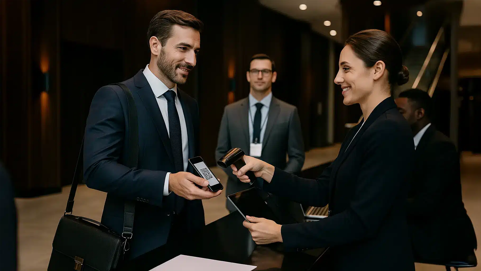 besuchermanagement vor dem event - mann checkt sich zum event digital ein