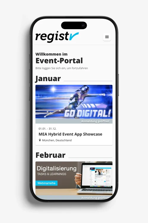 registr eventportal auf einem iphone. eventübersicht, worüber eine teilnehmerregistrierung läuft.